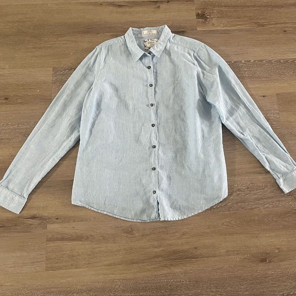 Ellen Orton Women's XL Linen Shirt Button Down Green Stripe Vermont Country